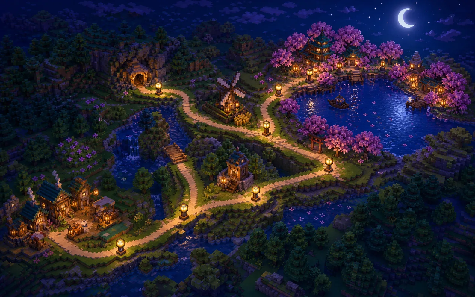 A moonlit Minecraft map with a lantern path from a cozy spawn village to a cherry village beside a lake.